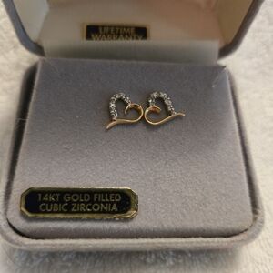 14K Gold Filled Heart Shaped Pierced Earrings w/ Cubic Zirconia Stones